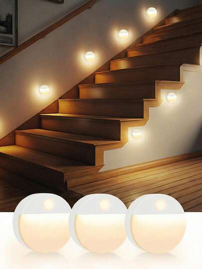 3pcs Battery Powered Motion Sensor Stair Lights, LED Stick-On Puck Lights, Wireless Wall Lamps, Suitable For Stairs, Cabinets, Corridors, Bathrooms, Hallways