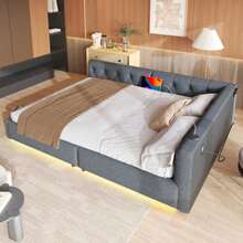 (=WX001034AAE)Schlafsofa, Daybett, Tagesbett, 140x200cm, Schlafsofa Mit Lattenrost (Ohne Matratze), Ambientebeleuchtung Mit Fernbedienung, Kopfteil Mit Knopftuft, Usb+Typ-C, Leinen, Grau - 灰色 - 查看 2