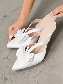 Women's French Style White Versatile Pointed Toe Bowknot High Heel Shoes, Delicate Thin Heel Slip-On Unique Design Elegant For Party And Banquet, Summer New Arrivals - White - View 7