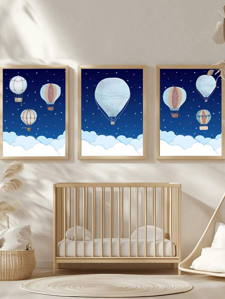 1pc Canvas Wall Art, Hot Air Balloon Theme Nursery Artwork_Dreamy Night Sky Watercolor Painting Framed Nursery Wall Art Girl Nursery Wall Decor, Baby Girl Baby Boy Girl Bedroom Girl Nursery Wall Decor Painting, Baby Products Nursery Poster, Suitable For Children's Room Decor, Playroom Decor Waterproof. Children's Room Decor Nursery Decor, Daycare Decor, Kindergarten Decor, Boys' Room Decor - Multicolor - View 1