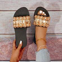 Women'S Flat Sandals Open Toe Slip On Sandals Summer Dressy Flat Fashion Slippers, Luxury Rhinestones Beaded Flip Flops - Gold - View 3