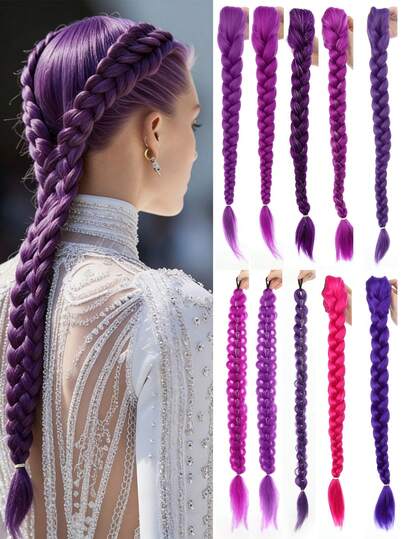 26-Inch Purple Synthetic Braided Ponytail Wig, Suitable For Rumi Cosplay, With Hair Clips, Great For Girls' Halloween And Christmas