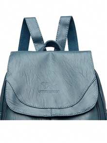 Ransel Wanita Kulit PU Lembut Berkualitas Tinggi Terbaru, Ransel Pelajar Travel Kapasitas Besar Warna Solid Vintage untuk Anak Perempuan - Biru - View 7