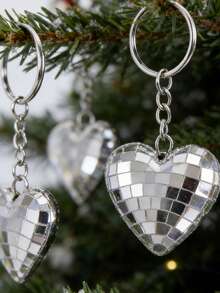 Herzförmiger reflektierender Spiegelkugel Schlüsselanhänger Anhänger, kreative Weihnachts Disco Liebe Ornament Kugel Schlüsselring, Taschenanhänger, Party & Outdoor Garten Dekoration - Silber - Übersicht 8