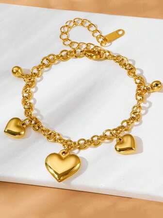 18K Gold Plated Stainless Steel Heart Pendant Thick Chain Bracelet, & Durable For Women