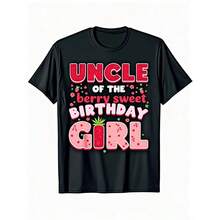 Uncle Of The Birthday Girl Berry First Strawberry Family T-Shirt - Casual Black Short Sleeve Tee With Colorful Strawberry & Floral Design, Perfect For Birthdays & Celebrations, Birthday Shirt - 預設 - 查看 1