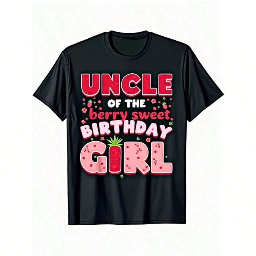 Uncle Of The Birthday Girl Berry First Strawberry Family T-Shirt - Casual Black Short Sleeve Tee With Colorful Strawberry & Floral Design, Perfect For Birthdays & Celebrations, Birthday Shirt - 預設 - 查看 1