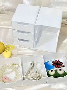 三合一迷你桌面收纳架，米色桌面化妆品收纳架，浴室梳妆台置物架，迷你三层可堆叠塑料桌面收纳架，带抽屉，现代办公用品，化妆品和珠宝收纳架，桌面储物盒，小型珠宝收纳架，适用于卧室、梳妆台、浴室、厨房、珠宝盒 - 彩色 - 查看 9