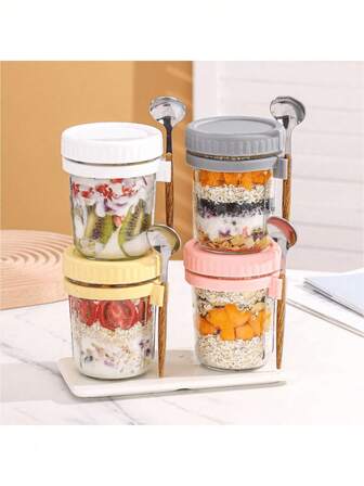 Large Capacity Insulated Oatmeal Container With Lid And Spoon, Sealed Jar For Storing Milk, Cereal, Fruit, Portable Breakfast Milk Cup, Glass Salad/Yogurt Cup Suitable For Women, Mason Jar With Lid For Carrying Cereal Container, Vegetable And Fruit Salad Storage Container With Measurement Markings, School Gift