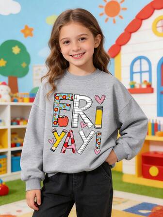 Tween Girls Letter And Cute Stationery Print Bow Printed Pattern, Casual Round Neck Sweatshirt, Autumn And Winter Season, Suitable For Daily Wear, Party, School