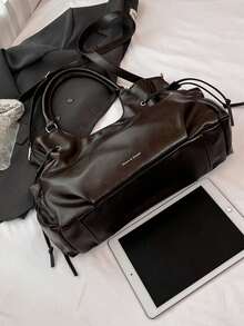 Túi đeo vai thời trang mới, cổ điển, đa năng, màu trơn, dung tích lớn, chất liệu da PU, kiểu dáng retro, có dây rút, trang trí mặt dây chuyền, dành cho nữ, hai quai xách, thích hợp cho mua sắm, du lịch, dã ngoại và nhiều dịp khác. - Xem 6