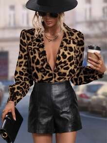 Plus-Size Women's Blouse, Clasi Leopard Print Puff Sleeve Shirt, Long-Sleeved Top, Simple And Versatile For Spring, Summer And Autumn, Suitable For Commuting, Dates And Casual Wear. - Brown - View 6