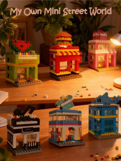 一套迷你街景积木模型玩具，DIY街景房屋迷你积木，街景展示套装，非常适合客厅装饰和桌面摆件，是生日、感恩节、情人节的绝佳创意礼物。有助于缓解压力和紧张情绪。适合全家一起拼搭。