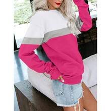 - Sudadera de manga larga con cuello redondo y bloque de color, estilo casual, ligera, para mujer - B- Blanco Rosa Fuerte + M - Ver 3