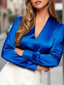 女士优雅缎面V领长袖衬衫，纽扣前襟，常规版型，无弹力梭织面料 - 藍色 - 查看 1