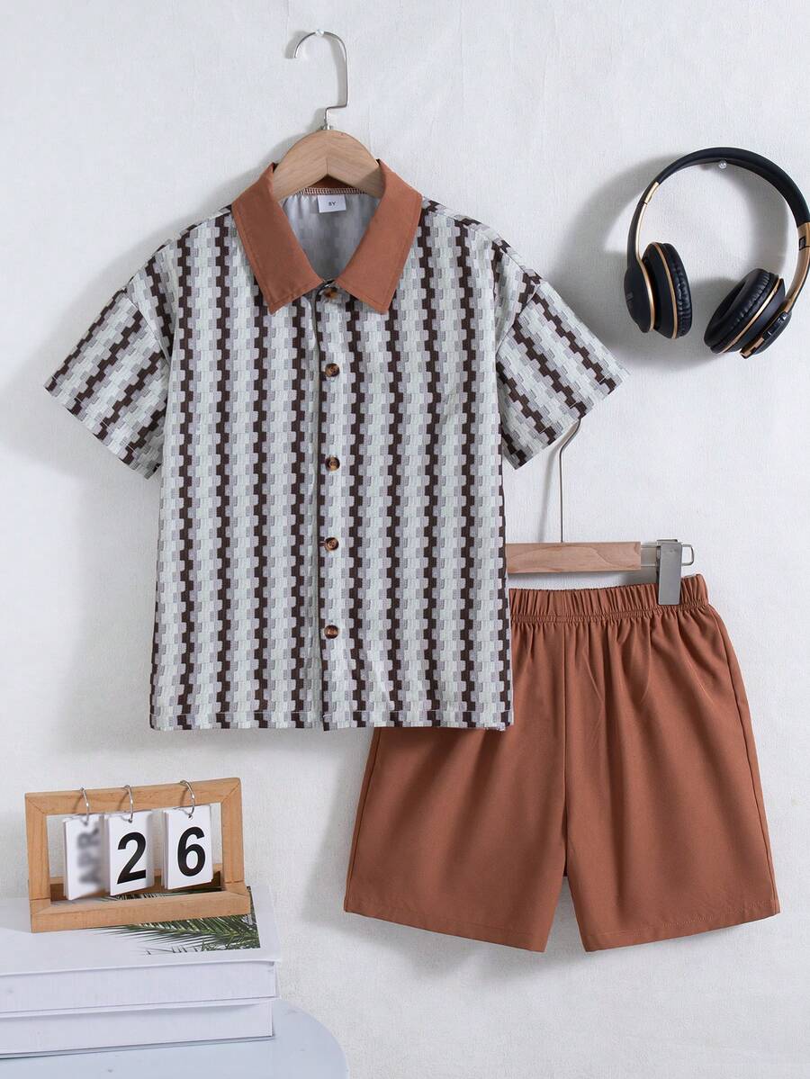2 pièces/Set Top à manches courtes avec col polo et boutons décoratifs, et short, imprimé géométrique casual pour garçons, été - Marron - Voir 1