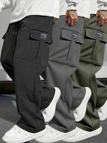 A Pair Of Black-Label Cargo Wide-Leg Pants, Loose Straight-Leg Trousers, Casual Pants With Large Pockets. They Are Full Of Relaxed Vibe When Going Out And Are Essential For Daily Wear.