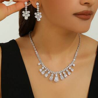 3 piezas Conjunto de joyas nupciales de circonita cúbica, accesorios de lujo de alta gama exagerados y brillantes para vestidos de noche