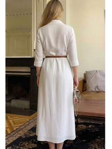 女士优雅衬衫领长袖连衣裙，适合秋冬季日常穿着，也适合万圣节、斋月等场合。 - 米色 - 查看 4