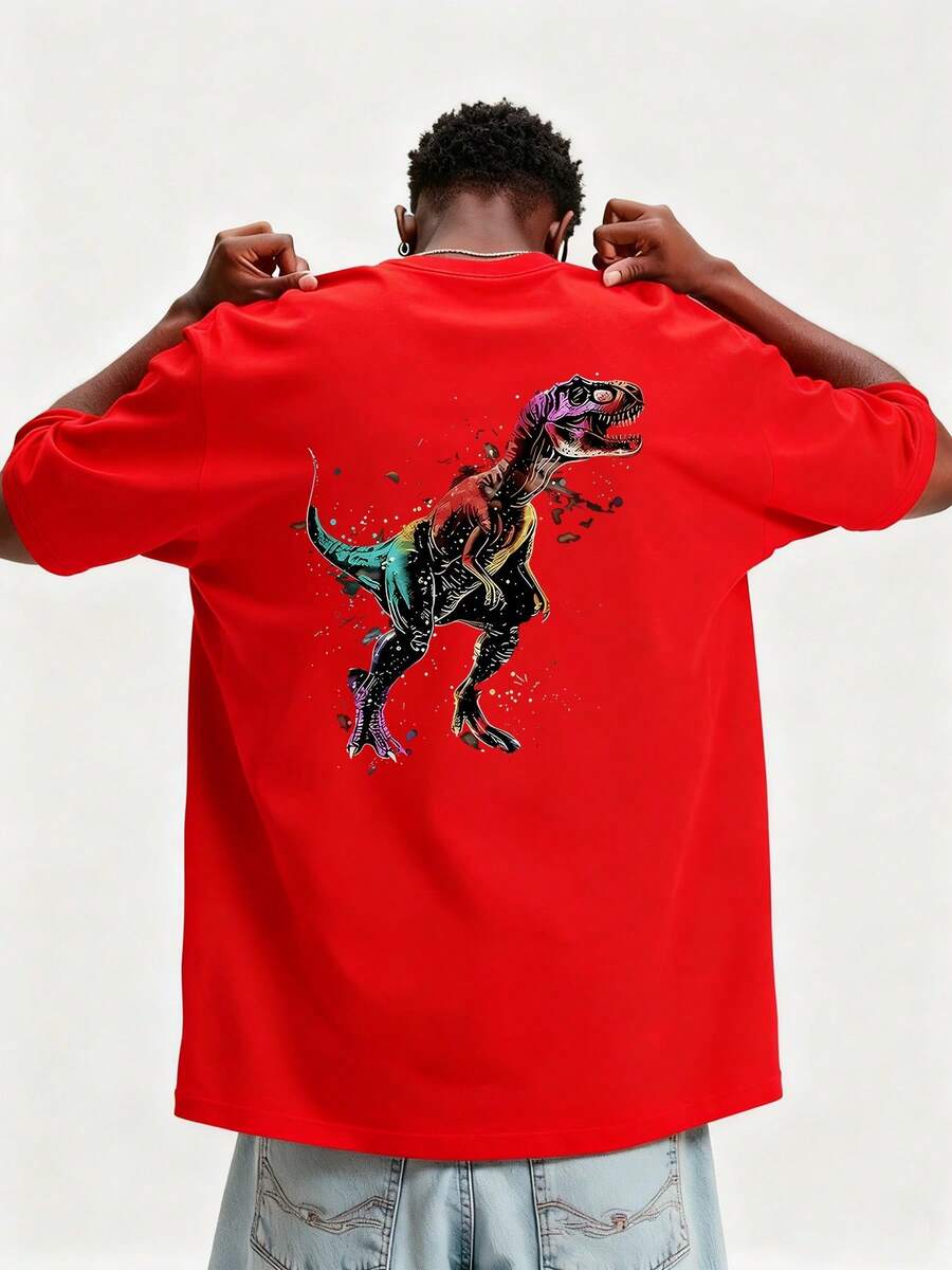 A Cosmic Dinosaur Fused With Stellar Nebulae Embodies Strength And Mystery, Representing The Immensity Of The Universe Encapsulated In An Ancient Predator, Evoking Ancestral Power And The Exploration Of The Cosmos. Men's T-Shirt, 100% Cotton. - 紅色 - 查看 1