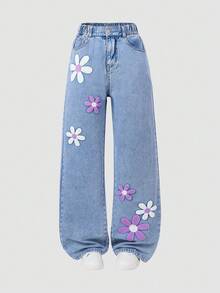 Girls' Distressed Denim Jeans, Loose Fit With Cute Floral Design, Versatile For Everyday Wear - Light Wash - View 2