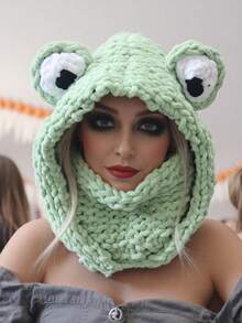 情侣针织帽，可爱青蛙图案，保暖柔软，适合冬季日常休闲佩戴 - 彩色 - 查看 3