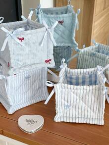Keranjang Penyimpanan Lipat Bergaris Berlapis, Kotak Penyimpanan Meja Lipat, Tas Kosmetik Ember Pita Kapasitas Besar untuk Rumah, Dekorasi Ruangan - Baby Blue - View 7