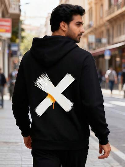 Schwarzer Hoodie mit großem stilisiertem weißem 'X' auf dem Rücken, gelb-orange Tropf-Effekt - kräftiger Kontrast, einfaches und dennoch auffälliges Design füränner und Frauen, lässiger Streetwear-Pullover mit Kapuze