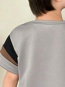 男童卡通印花圆领短袖上衣和裤子套装 - 灰色 - 查看 6