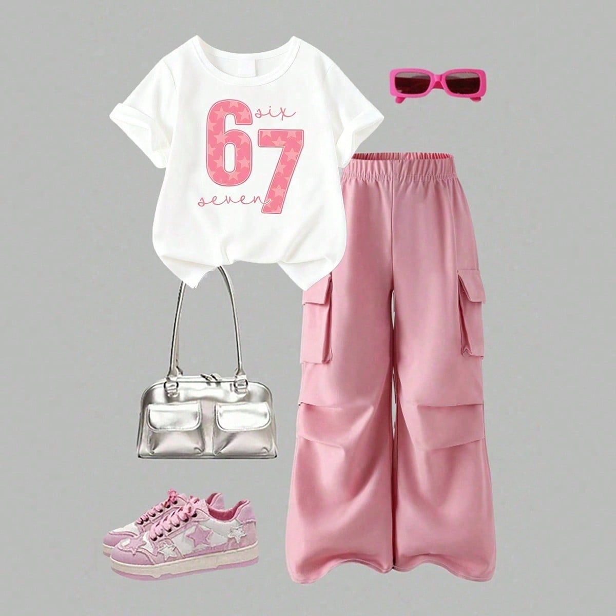 Conjunto de top de manga corta con cuello redondo y estampado de dibujos animados, y pantalones cargo para niñas pequeñas