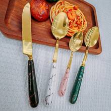 4pcs Golden Unique Stainless Steel Tableware, Old-Fashioned Silverware, Elegant Colorful Ceramic Handle Table Knife, Dessert Spoon, Fork And Spoon - Multi-Color Creative Tableware Porcelain, Perfect For Daily Dining And Holiday Gatherings
