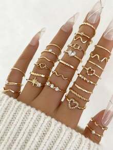 28pcs Heart Shaped Geometric Boho Style Rhinestone Accent Minimalist Wave Knuckle Rings, Suitable For Women's Daily Wear, Dates, Gatherings, Gifts For Girlfriends, Parties, Street Style (Includes Size Chart, Do Not Forcefully Bend, Purchase Carefully)