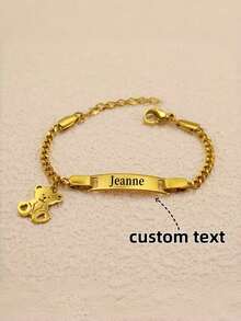 Personalized Mini Bear Bracelet (1 Piece) - Gold-Plated Stainless Steel Interlocking Chain, Customizable With Name/Date, Perfect Gift For Birthdays/New Year's Eve/Valentine's Day, Versatile Jewelry For Daily & Special Occasions, Cute Bear Pendant, Durable & Comfortable, Year-Round Wear, Stylish & Meaningful Keepsake