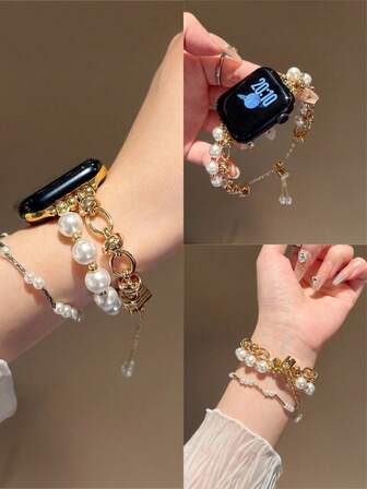Elegant Apple-Themed Pearl Bracelet Watch Band With Secure Two-Step Clasp | Sparkling Beads & Cute Apple Charm, Compatible With Apple Watch Ultra/SE/Series 11/10/9/8/7/6/5/4/3/2/1 | Adjustable Fit For 38mm 40mm 41mm 42mm 44mm 45mm 46mm 49mm