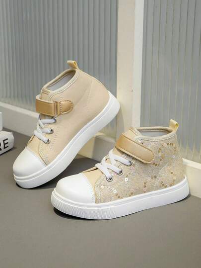 Girls' High-Top Casual Sports Shoes, Fashionable Glitter Silver & Gold Sequin Accents, Versatile Comfortable Lightweight Outdoor Sneakers For Spring, Autumn, All Seasons, Suitable For Toddler & Little Kid