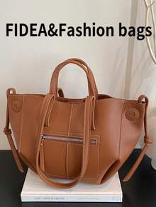 女士秋冬新款单肩托特包，PU皮革材质，纯色简约设计，拉链装饰，适合日常通勤、送礼，时尚百搭，大容量，精致美观 - 棕色 - 查看 2