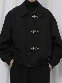 Hebilla de avión retro americano, nueva chaqueta casual holgada para hombres y mujeres - Negro - Ver 1