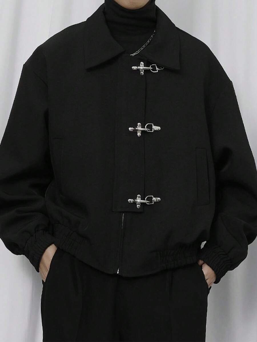 Hebilla de avión retro americano, nueva chaqueta casual holgada para hombres y mujeres - Negro - Ver 1