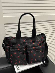 1个字母贴布装饰纯色大容量灯芯绒单肩手提包，多口袋购物袋，母亲节礼物，可折叠，适合上学、工作、旅行，适合毕业生、青少年、大学一年级、二年级、三年级、四年级学生以及户外活动 - 黑色 - 查看 6