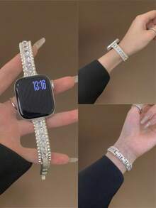 Elegant Apple-Themed Diamond Bracelet Watch Band With Secure Two-Step Clasp | Sparkling Zirconia & Cute Apple Charm, Compatible With Apple Watch Ultra/SE/Series 11/10/9/8/7/6/5/4/3/2/1 | Adjustable Fit For 38mm 40mm 41mm 42mm 44mm 45mm 46mm 49mm