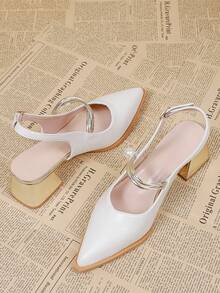 Zapatos de tacón alto con hebilla de perlas elegantes y de moda en color beige para mujer, zapatos tipo Mary Jane de slip-on para todas las estaciones - Beis - Ver 1