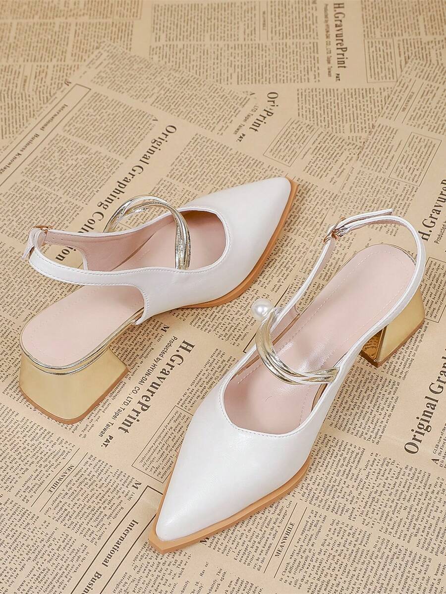 Zapatos de tacón alto con hebilla de perlas elegantes y de moda en color beige para mujer, zapatos tipo Mary Jane de slip-on para todas las estaciones - Beis - Ver 1