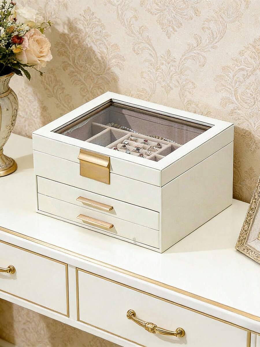 Jewelry Box With Glass Lid, 3-Layer Jewelry Organizer, 2 Drawers, For Big And Small Jewelry, Jewelry Storage