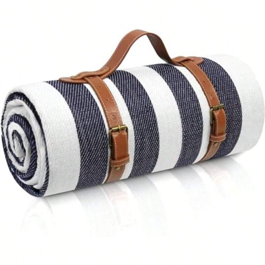 Timotech Manta de Picnic Extragrande de 2x2 Metros Manta de Playa Impermeable y Plegable de 3 Capas para 6 a 8 Adultos Ideal para Campamento Parque Playa Césped Interiores - Azulyblanco - Ver 1