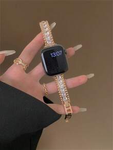Elegant Apple-Themed Diamond Bracelet Watch Band With Secure Two-Step Clasp | Sparkling Zirconia & Cute Apple Charm, Compatible With Apple Watch Ultra/SE/Series 11/10/9/8/7/6/5/4/3/2/1 | Adjustable Fit For 38mm 40mm 41mm 42mm 44mm 45mm 46mm 49mm