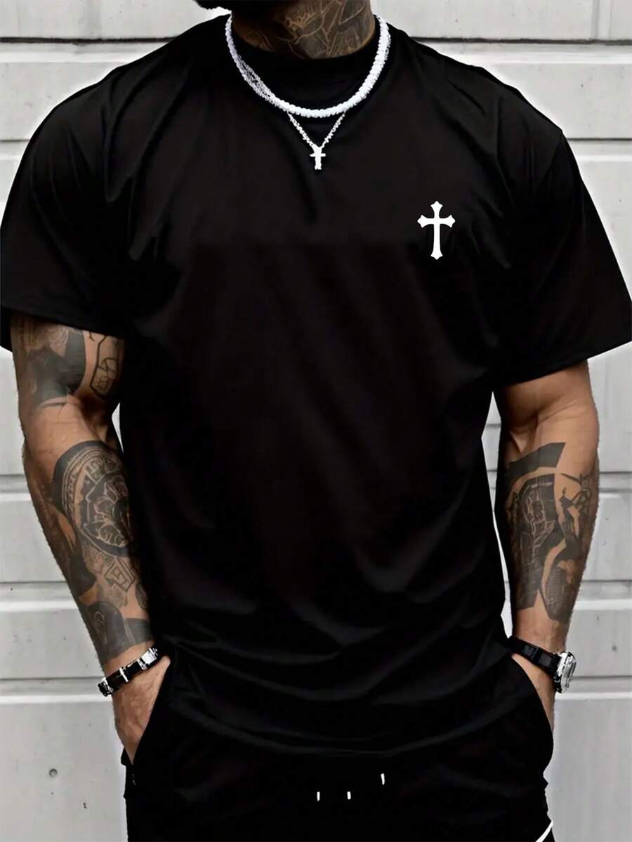 Men's Simple Cross Print Short Sleeve T-Shirt, Comfortable & Breathable, Fashionable For Summer Wear - Black - View 1
