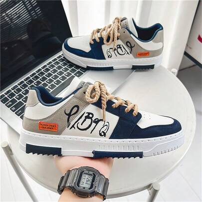 New Men's Skateboard Shoes, Fashionable Korean Style, All Season Sports Shoes, Stylish Breathable White Shoes, Flat Skateboard Shoes, Versatile Shoes (Shoelace Style Random)
