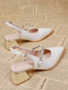 Zapatos de tacón alto con hebilla de perlas elegantes y de moda en color beige para mujer, zapatos tipo Mary Jane de slip-on para todas las estaciones - Beis - Ver 4