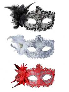 1pc/2pcs/3pcs,Black Lace Half Face Masquerade Mask With Feathers - Women's Halloween Costume Accessories For Parties And Festivals, Perfect For Christmas And Carnival Celebrations, Queen Style Eye Mask For Formal Events And Dress-Up - Multicolor - View 10