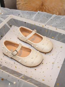 Girls' Pearl Mary Jane Princess Shoes - Buckle Strap Soft Sole Toddler Little Girl Dress Shoes | Spring Autumn Party Everyday Wear - Beige - View 6